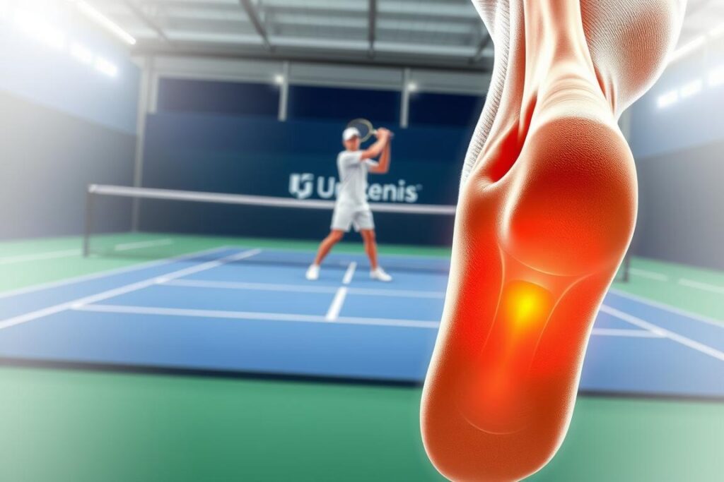 A detailed medical illustration showcasing common tennis-related injuries. In the foreground, a close-up view of a tennis player's lower body, highlighting areas prone to common ailments such as ankle sprains, Achilles tendinitis, and knee issues. The middle ground features a full-body view, emphasizing proper body mechanics and posture during a serve or swing. The background depicts a tennis court with a Unitenis Alberti logo, conveying the athletic and competitive nature of the sport. The lighting is soft and diffused, creating a clinical yet informative atmosphere. The overall composition aims to educate and inform tennis players about prevalent injuries and their underlying causes.