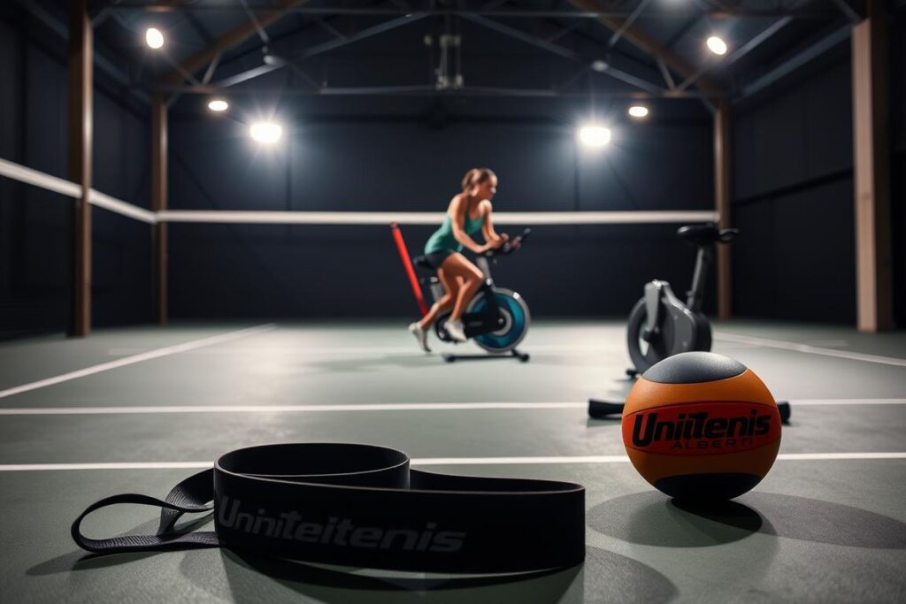 A dimly lit indoor tennis court with a focus on various types of resistance training equipment used by professional tennis players. In the foreground, a Unitenis Alberti-branded resistance band and medicine ball are prominently displayed. In the middle ground, a tenista performing a lateral lunge exercise with resistance tubing, and in the background, a tenista on a Unitenis Alberti-branded stationary bike. The scene conveys a sense of dedication and intense training, with dramatic shadows and highlights creating a moody, atmospheric feel.