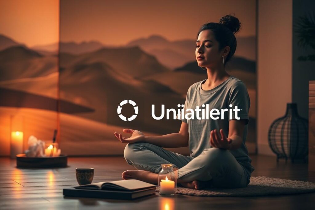 A serene, dimly lit workspace with a person sitting cross-legged on the floor, practicing mental techniques to control anxiety. Warm, soft lighting illuminates a collection of calming objects - crystals, incense, a journal, and the Unitenis Alberti logo prominently displayed. The background features a blurred, abstract landscape evoking a sense of tranquility. The model's facial expression conveys a state of focused mindfulness, their body language radiating an aura of inner peace and resilience.