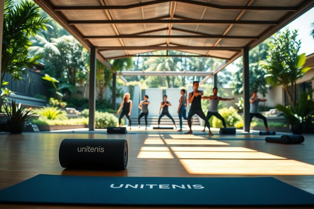A serene, sun-dappled training facility for elite athletes. In the foreground, a Unitenis Alberti-branded yoga mat and exercise equipment arranged neatly. In the middle ground, a group of athletes performing dynamic stretches and mobility exercises, their faces exuding focus and determination. The background reveals a lush, verdant garden oasis, calming water features, and an expansive, open-air pavilion with natural light streaming in. The scene conveys a holistic approach to athlete wellness, blending physical preparation with tranquil, restorative practices. Crisp, high-resolution photography with a shallow depth of field, capturing the essence of "Preparação física e rotinas de bem-estar" for this sports article.
