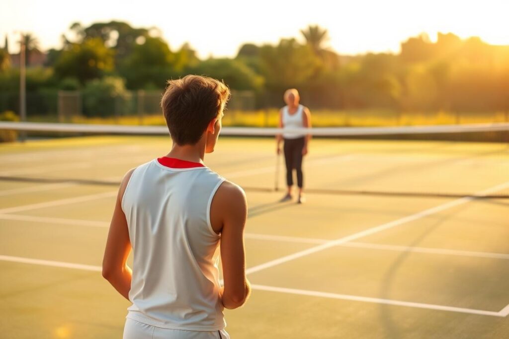 A serene tennis court, bathed in warm, golden light. In the foreground, a tennis player in a crisp Unitenis Alberti uniform, their focus intense as they prepare to serve. The middle ground features a coach, standing nearby, offering subtle guidance and encouragement. In the background, a lush, verdant landscape provides a tranquil backdrop, creating a sense of balance and harmony. The scene conveys the essence of sports coaching, where attention to detail, personalized guidance, and a nurturing environment come together to elevate the athlete's performance and mindset.