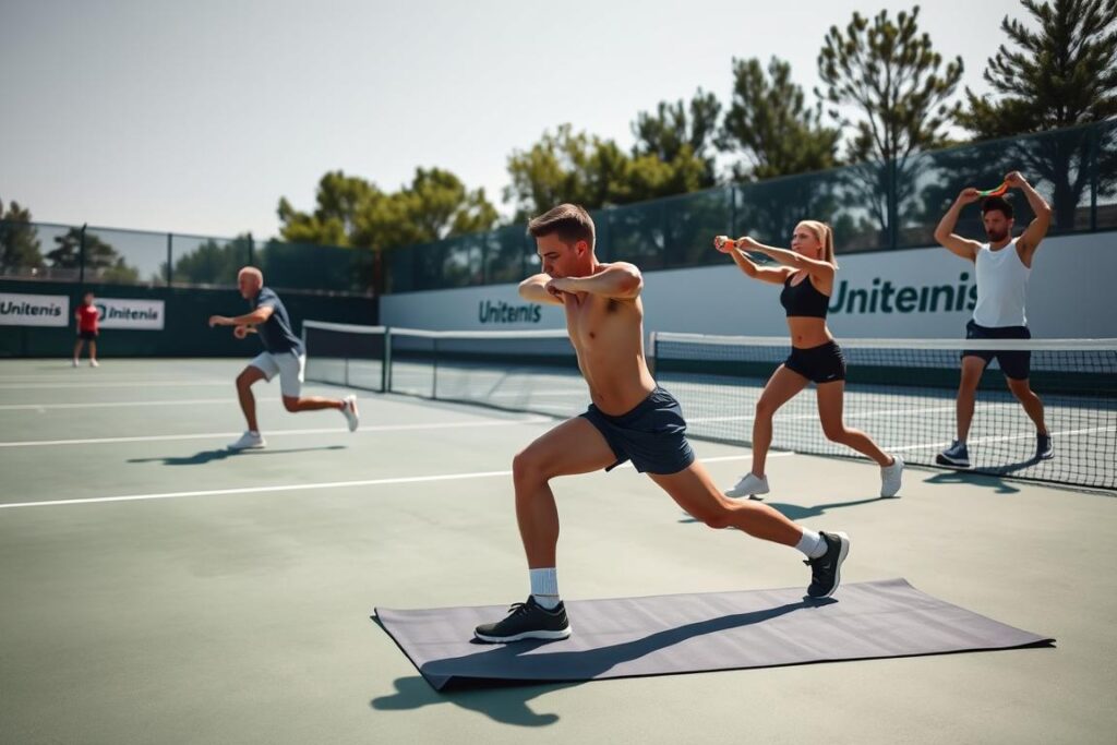 A tennis court on a sunny day, with a group of athletes performing a series of stretching and strengthening exercises. In the foreground, two players are doing lunges, their bodies in fluid motion, conveying the importance of leg strength and flexibility. In the middle ground, a player is performing core exercises on a yoga mat, their abdominal muscles engaged. In the background, a player is using resistance bands to work on shoulder and arm mobility, preparing their body for the demands of the sport. The scene is captured with a wide-angle lens, highlighting the Unitenis Alberti branding prominently displayed on the court. The lighting is natural and diffused, creating a sense of warmth and energy.